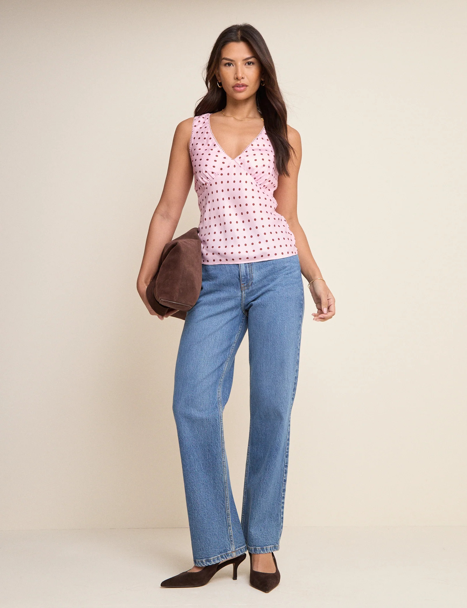 Pink and Brown Polka Dot Lace Trim V-Neck Top | Nobody's Child