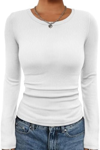 ATHMILE Womens Long Sleeve Crewneck/V Neck Ribbed Tops Fall Fitted Stretch Casual Basic T Shirts ... | Amazon (US)