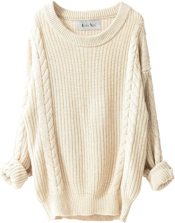 LINY XIN Women's 2023 Oversized Fall Winter Warm Crewneck Long Sleeve Knit Cable Long Pullover Me... | Amazon (US)