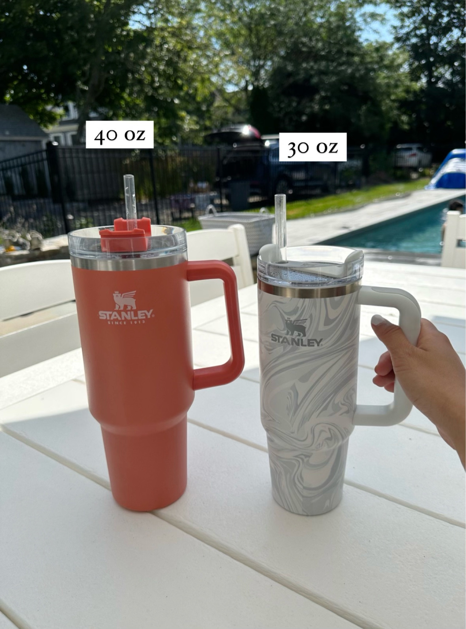 Stanley Quencher H2.0 Flowstate Tumbler - 40 oz. vs 30 oz. in the color “Polar Swirl”

I like the smaller 30 oz size if I’m on the go, for a slightly more petite-friendly option, but less trips to refill water with the 40oz! 

wanted to show the two side by side for comparison. 

#LTKunder50 #LTKFind #LTKfamily