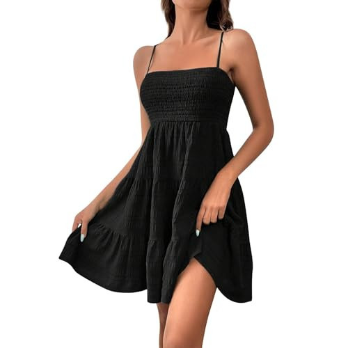 Summer Dresses for Women Sundresses for Women 2025 Trendy Smocked Spaghetti Strap Mini Dress Flowy A Line Short Dresses Cute Summer Dresses Vacation Dresses for Women 2025 Black Dress for Women XL | Amazon (US)