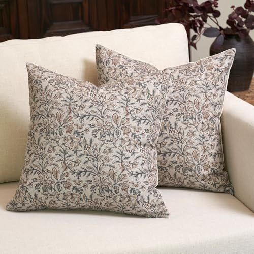 Amor Virisso Floral Throw Pillow Covers 20x20 Set of 2 Vintage Block Print Pillow Covers Decorative Pillow Covers Couch Pillows for Living Room Farmhouse Accent Sofa Pillows, Green/Sand | Amazon (US)