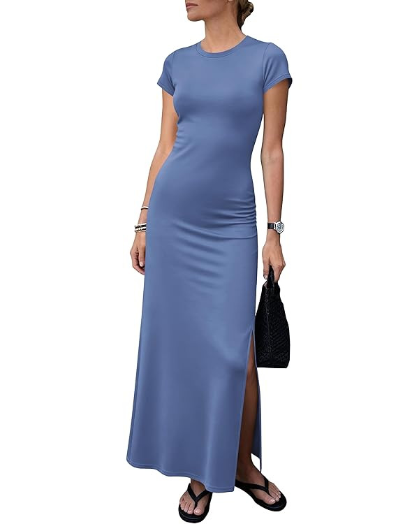 PRETTYGARDEN Womens Summer Maxi Dresses Casual Short Sleeve Crewneck Knit Slit T Shirt Dress Spri... | Amazon (US)
