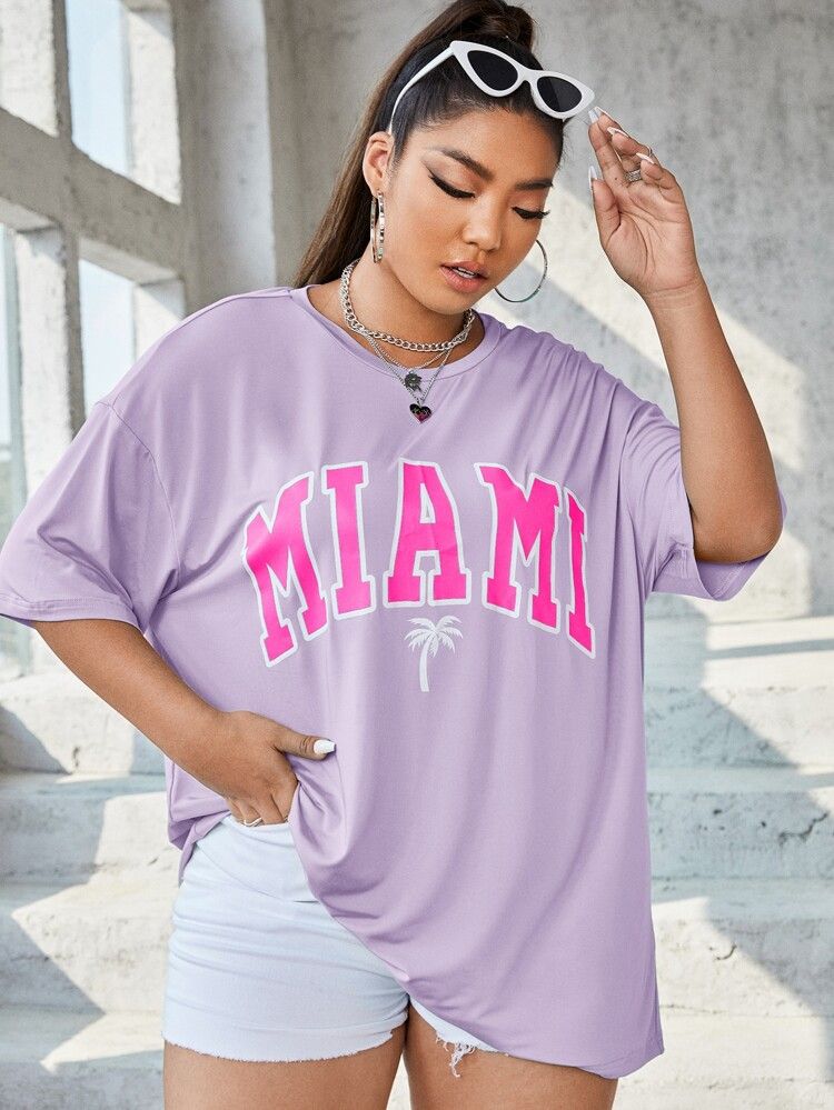 Plus Palm Tree & Letter Graphic Drop Shoulder Tee | SHEIN