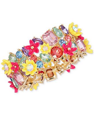 Gold-Tone Multicolor Mixed Stone Flower Stretch Bracelet, Created for Macy's | Macys (US)