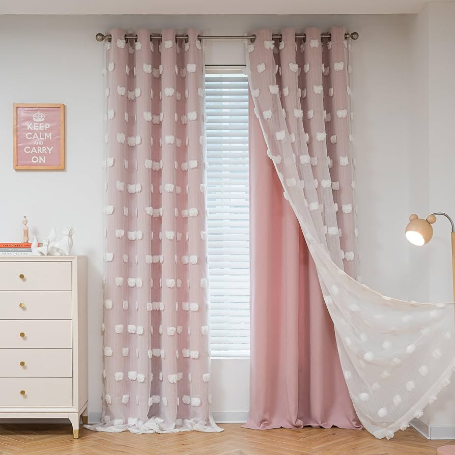 MYSKY HOME Pink Curtains for Living Room 84 Inches Long Pom Pom White Sheer Curtains for Girls Ro... | Amazon (US)
