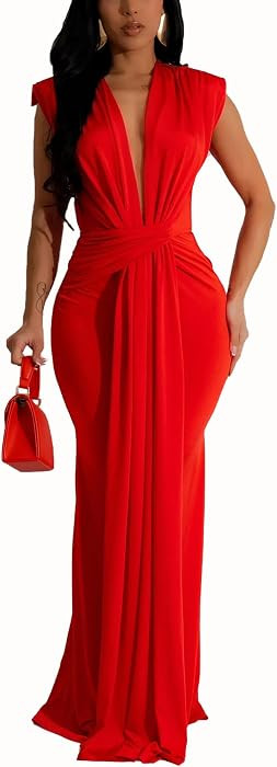 WOKANSE Women\u2019s Sleeveless Deep V Neck Ruched Bodycon Maxi Dress Floor Length Evening Gown f... | Amazon (US)
