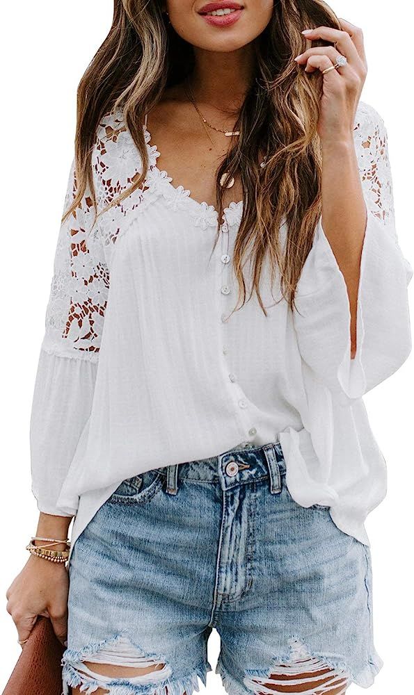 Women's V Neck Lace Crochet Flowy Bell Sleeve Button Down Casual T Shirts Blouses Tops | Amazon (US)