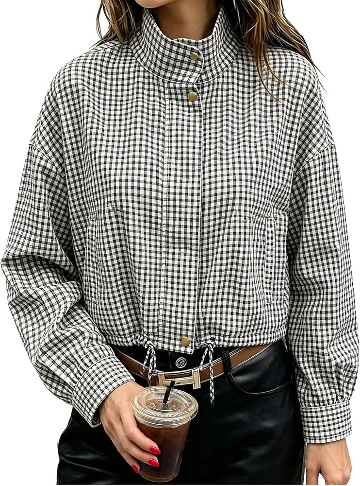 Yimoon Womens Plaid Jacket Funnel Neck Lightweight Cropped Jacket | Amazon (US)