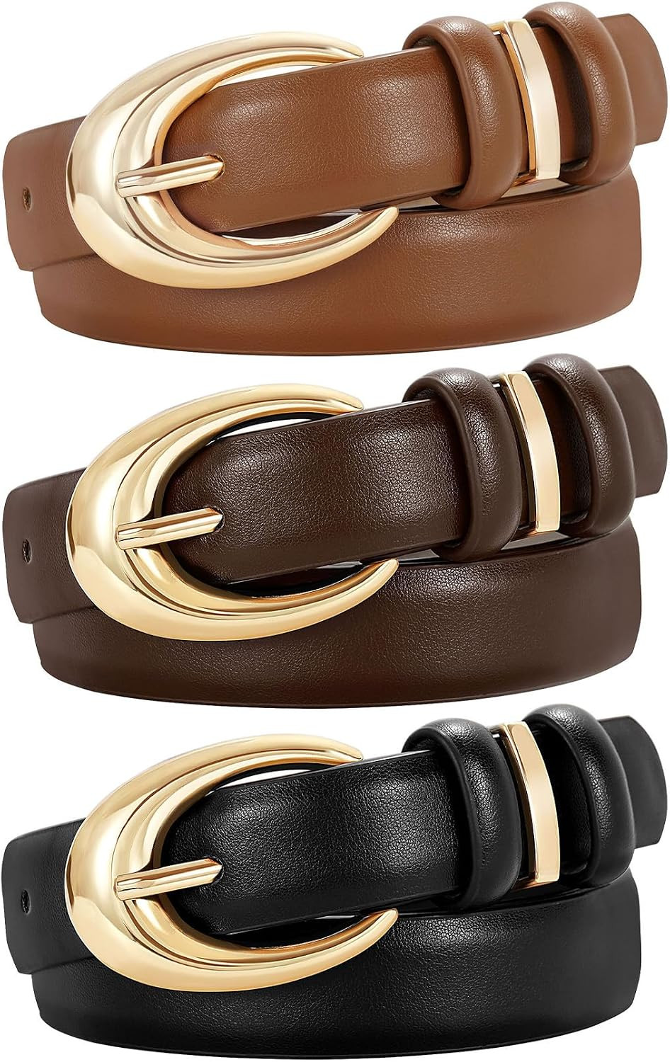 3 Pack Women Leather Belt for Jeans Pants Fashion Ladies Faux Leather Belt with Gold Buckle | Amazon (US)