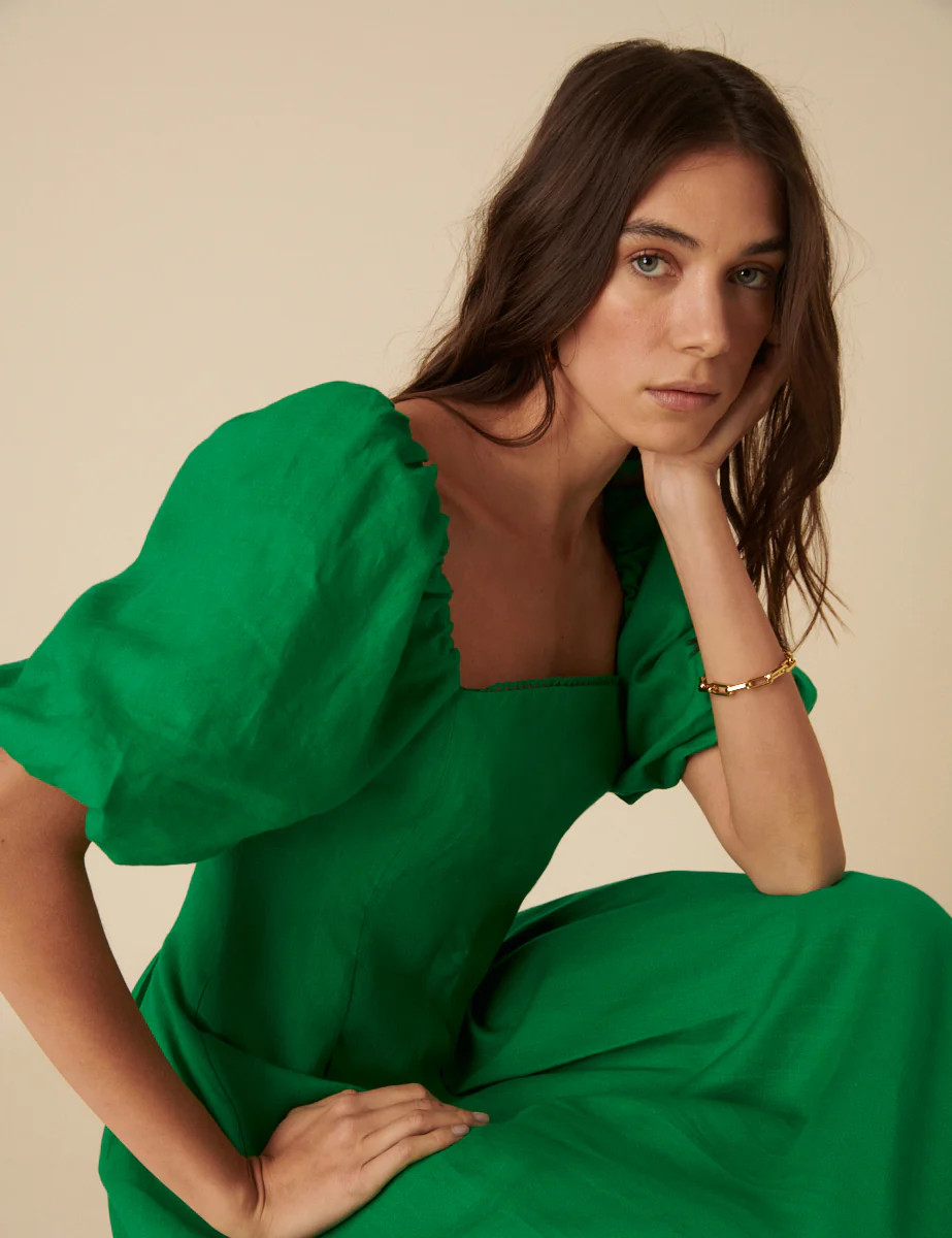 Green Puff Sleeve Linen Demi Midi Dress | Nobody's Child
