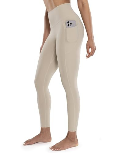 ENERBLOOM Workout Leggings with Pockets for Women High Waist Yoga Pants 7/8 Cream Soft Lightweight Athletic Gym Tights 25" Khaki X-Large | Amazon (US)