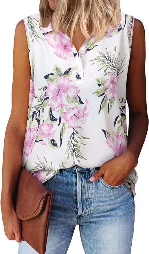 ZXZY Hawaiian Shirt for Women Casual Dressy Sleeveless Soft Button Down Cami Tank Tops | Amazon (US)