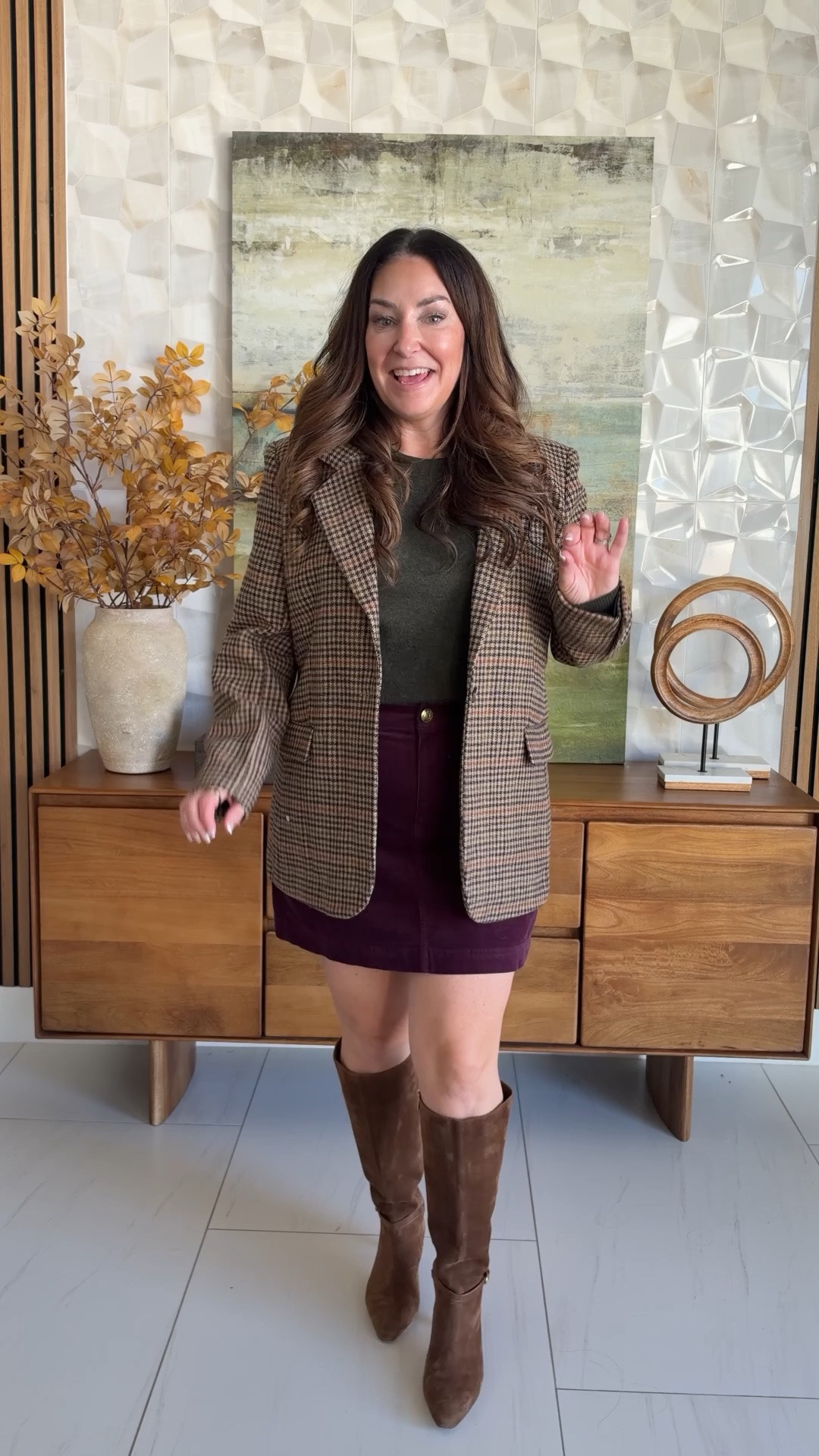 Plaid blazer + corduroy mini skirt 🍂 This combo is giving cozy fall prep! The blazer is the perfect oversized fit and the suede boots pull it all together 🤎

Sizing: Blazer  tts, 12 | Top, L  | Skirt, 12 but runs small  | Boots tts