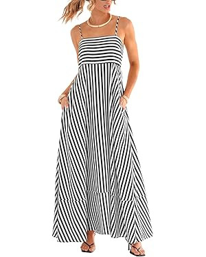 CUPSHE Womens Summer Maxi Dress Casual Sleeveless Square Neck Striped Beach Long Dress with Pocke... | Amazon (US)