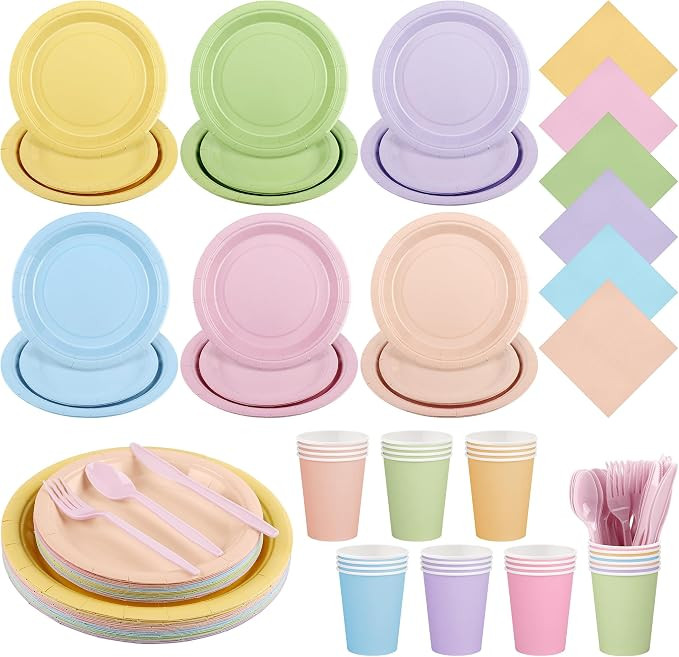 216 Pcs Pastel Rainbow Party Supplies Set, Disposable Macaron Paper Tableware Set 7 Inch & 9 Inch... | Amazon (US)