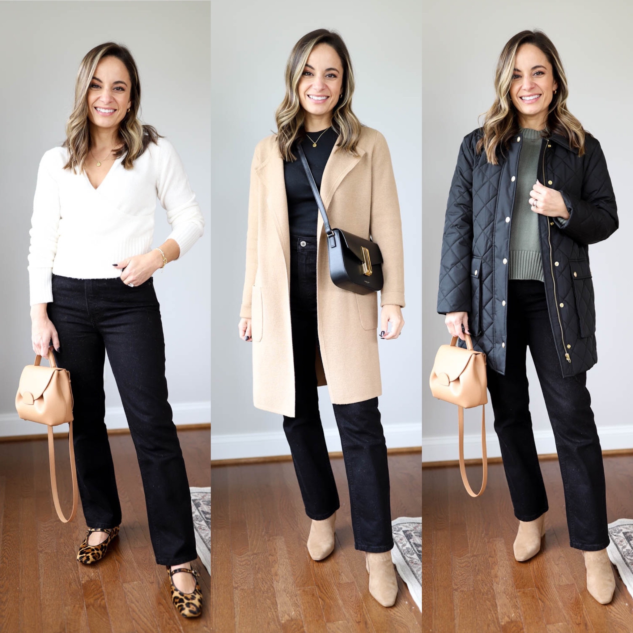 Fall capsule wardrobe 

Wrap sweater: xxs
Black jeans: 24 extra short 
Black top: xs 
Tan coat: petite 00/xxs 
Black coat: petite 0/xs 
Shoes tts 
Tan bag: polene un nano in textured tan 

#LTKstyletip #LTKSeasonal