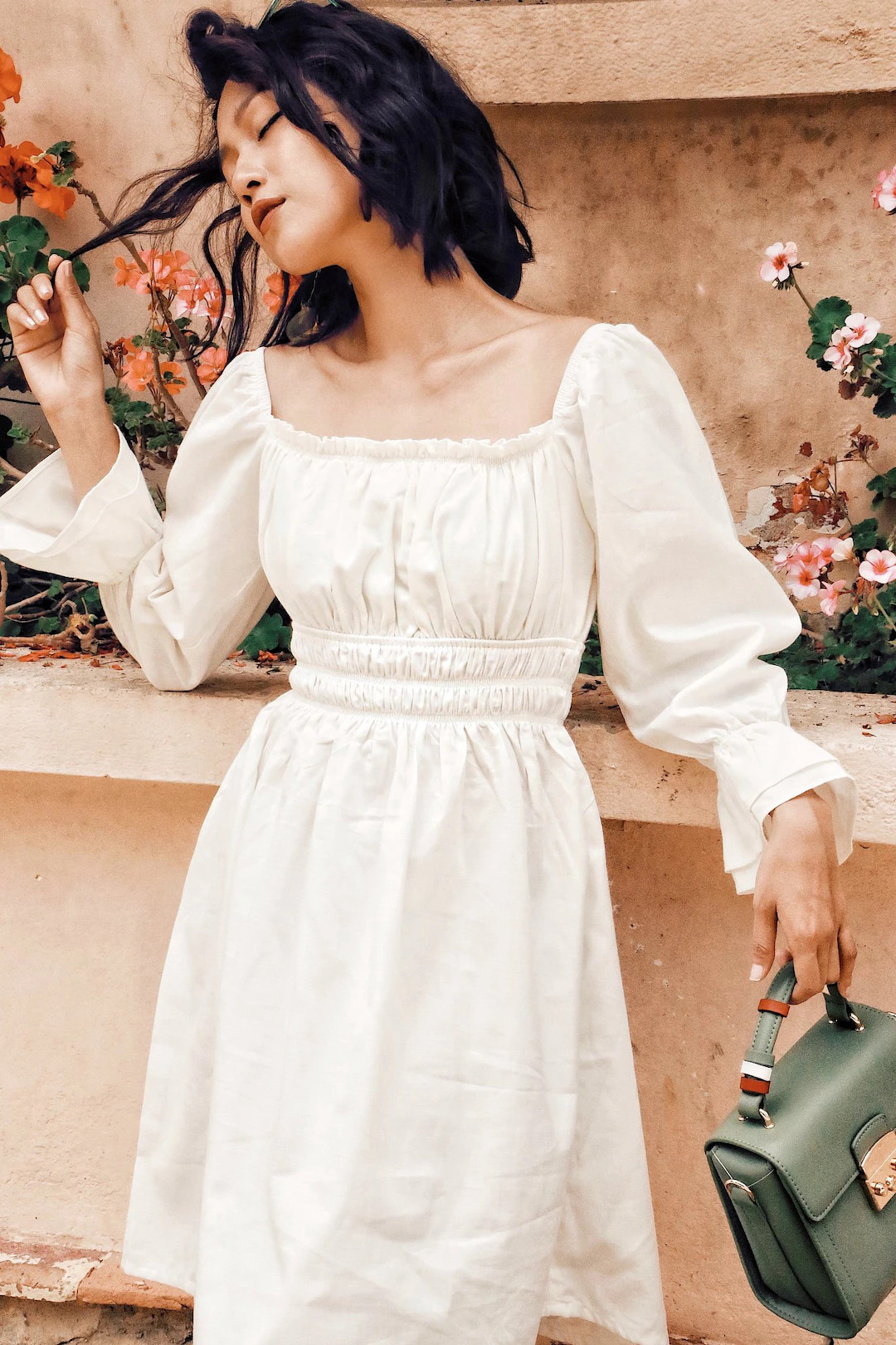 White Cotton Poplin Ruched Dress With Elastic Waist and Flare Sleeves Pleated Poplin MIDI Dress W... | Etsy (US)