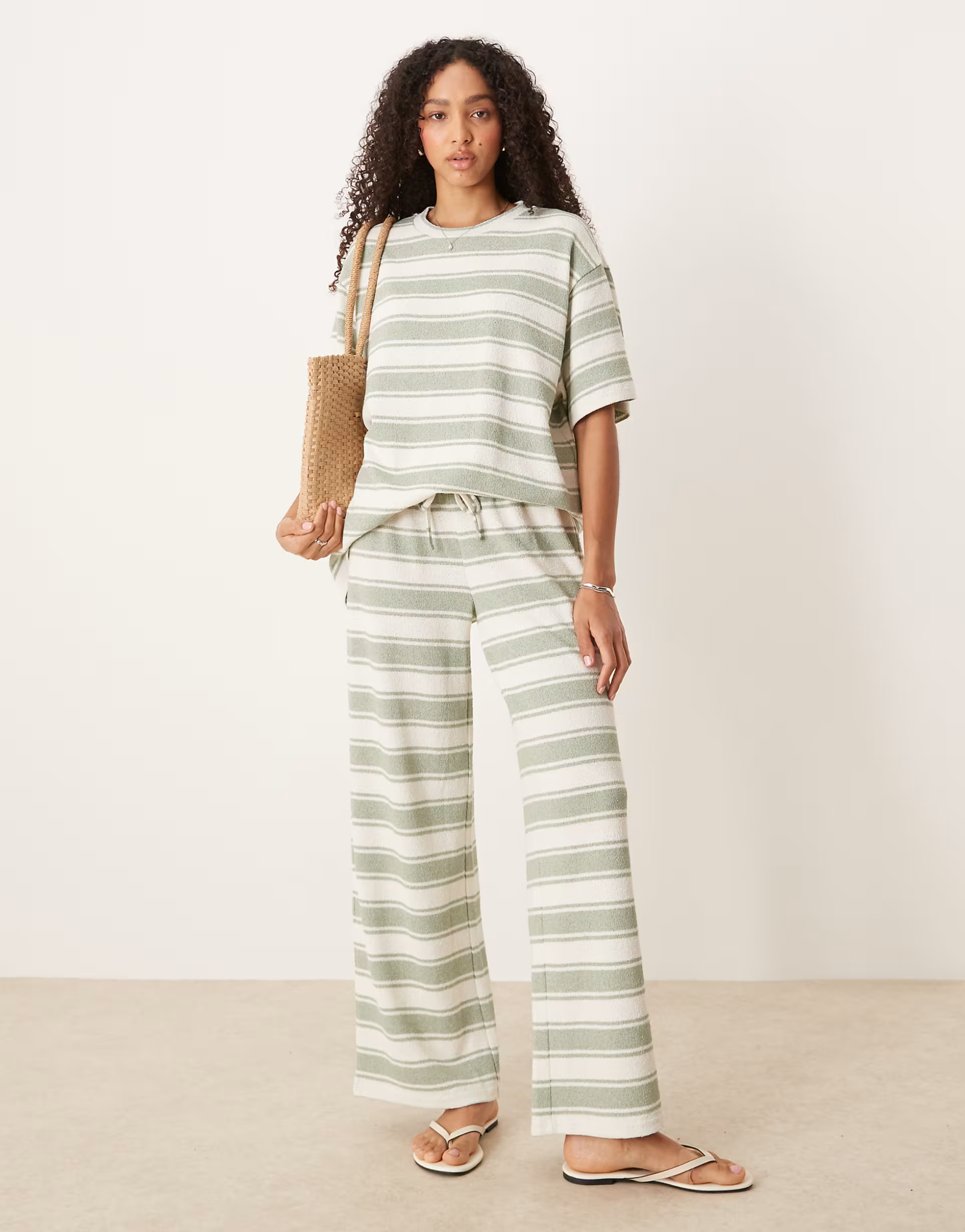 ASOS DESIGN wide leg knit pants in sage stripes - part of a set | ASOS (Global)