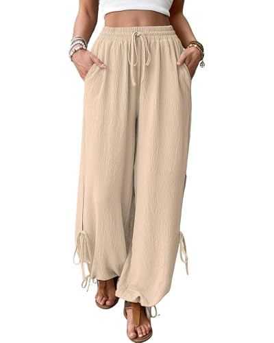 Bsubseach Women Wide Leg Palazzo Pants Summer High Waist Flowy Casual Trousers Side Tie Knot Beach Vacation Clothes Khaki | Amazon (US)