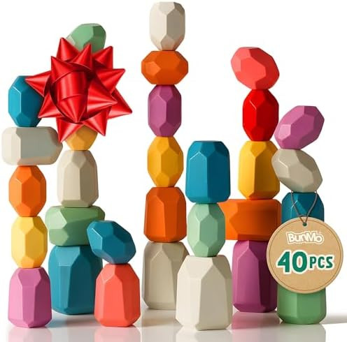 BUNMO 40pcs Wooden Stacking Toys - Montessori Educational Blocks for Toddlers, Non-Toxic, Safe, a... | Amazon (US)
