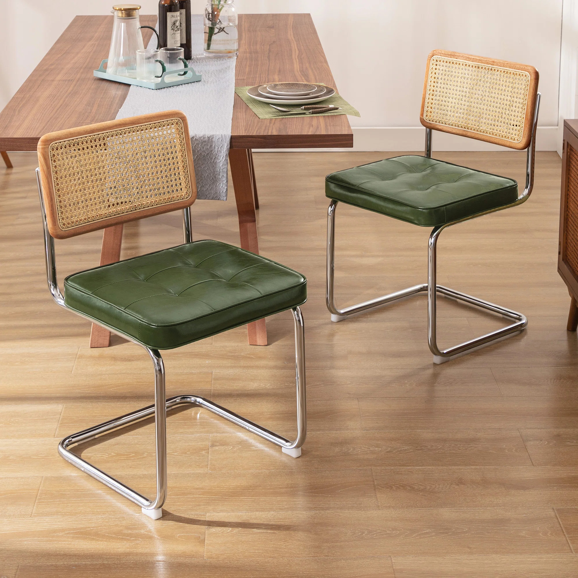 Aveon 19.1'' H Mid-Century Modern Tufted Leather Cantilever Dining Chair with Chrome Frame and Ca... | Wayfair North America