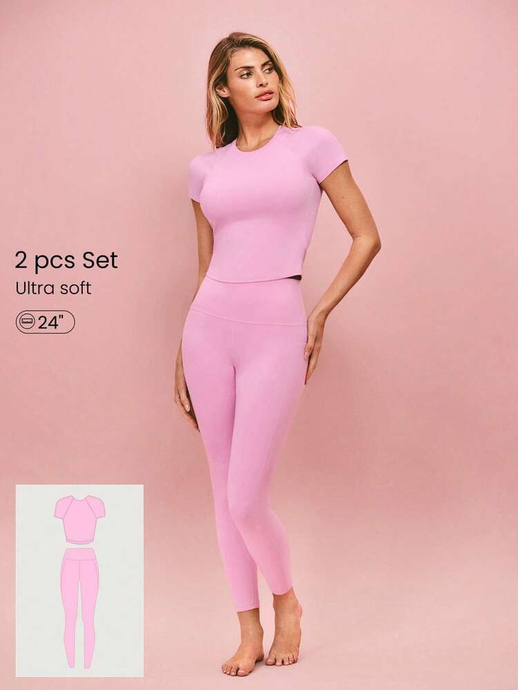 GLOWMODE 2 Pieces Everyday Glow Ultra-Soft Lightweight Stretchy Short-Sleeve Crew Neck Crop Top & FeatherFit™ Leggings Set Low Impact Daily Casual Street Wear | SHEIN