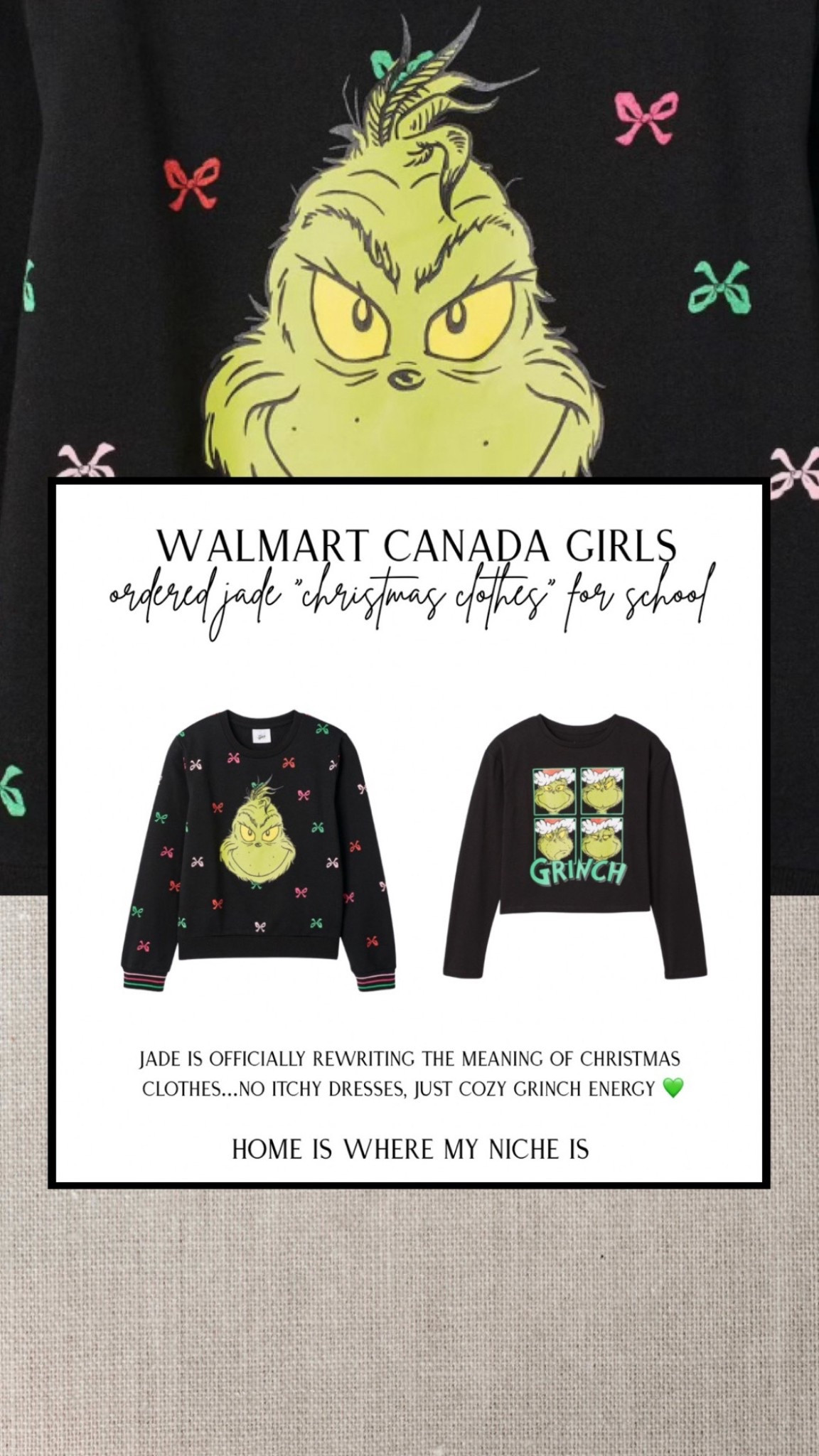 X M A S / Jade is officially rewriting the meaning of Christmas clothes...no itchy dresses, just cozy Grinch energy 💚

Walmart Canada | Black Long Sleeve Tee | Bows | Cropped 

#LTKcanada #LTKkids #LTKholiday