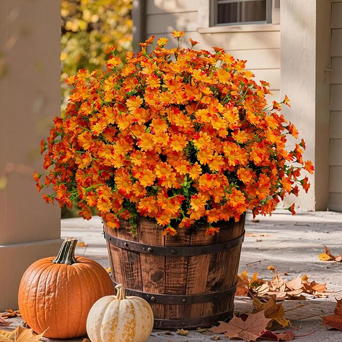 8 Bundles Artificial Flowers for Outdoors Faux Mums UV Resistant Plastic Fall Plants Fake Greener... | Amazon (US)