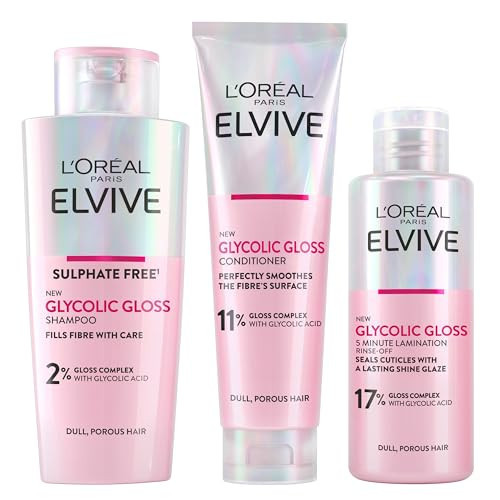 L'Oréal Paris Elvive Glycolic Gloss Shampoo, Conditioner and Rinse-Off Treatment Set for Dull Porous Hair, Get The Shiniest Hair of Your Life, Glossing Routine for Mirror-Like Shine | Amazon (UK)