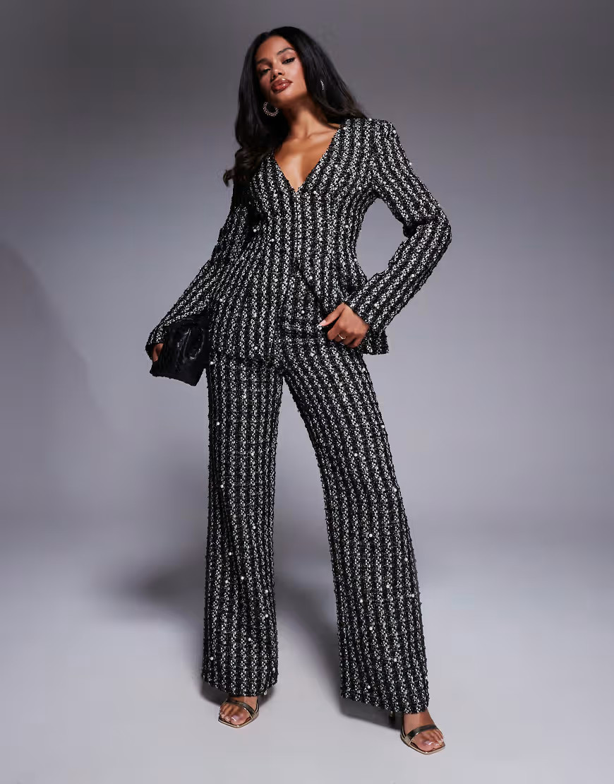 ASOS LUXE pearl embellished boucle pants in black - part of a set | ASOS (Global)