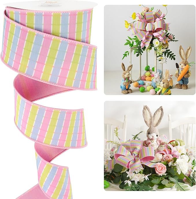 HUIHUANG Pink Yellow Blue Checkered Dupioni Ribbon 2.5 Inch Wide 10 Yards Wired Pastel Easter Rib... | Amazon (US)