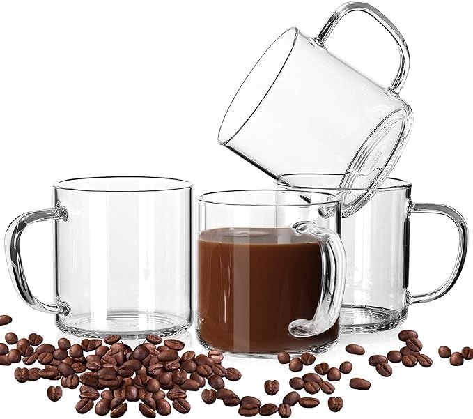 LUXU Glass Coffee Mugs Set of 4,Large Wide Mouth Mocha Hot Beverage Mugs(14oz),Clear Espresso Cup... | Amazon (US)