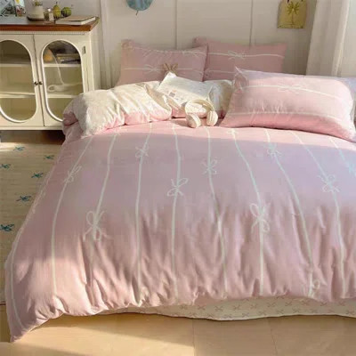 Striped Duvet Cover Pink Bow Stripes Bedding Set 3pcs Bowknot Comforter Cover With Zipper Closure Corner Ties | Wayfair North America
