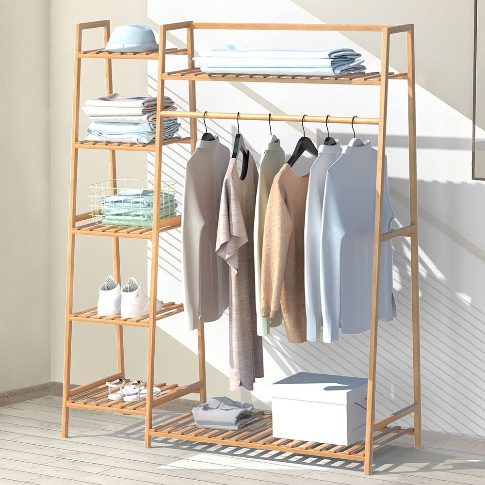 43.5" Bamboo Garment Rack - Free Standing Clothes Coat Hanger, Rolling Closet Organizer with Shoe... | Amazon (US)