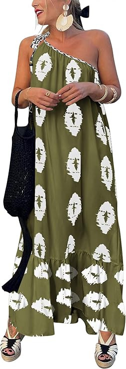 PRETTYGARDEN Women's 2026 Summer One Shoulder Maxi Dress Printed Flowy Boho Long Sundresses Sprin... | Amazon (US)