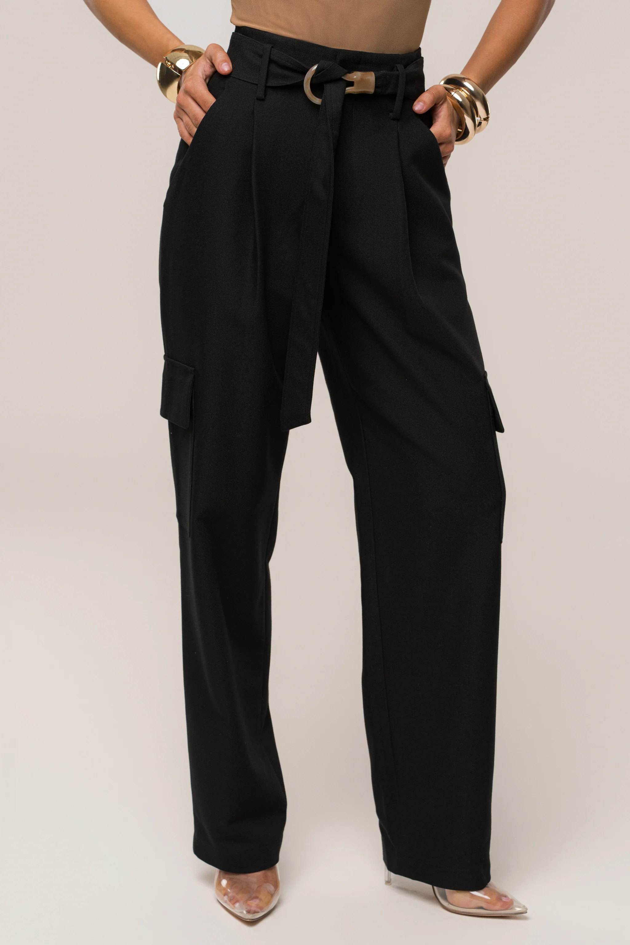 Black Alexis Belted Cargo Pants | JLUXLABEL