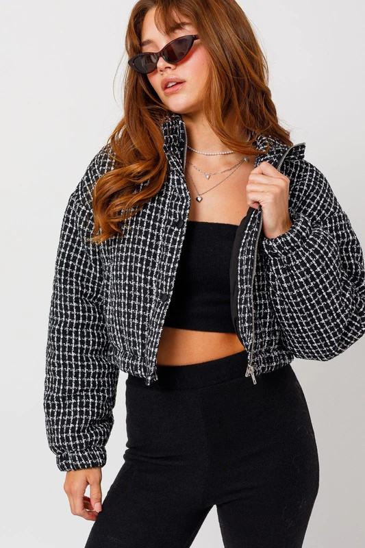 Tweed Crop Puffer Jacket BLACK-WHITE / S | Casual Chic Boutique