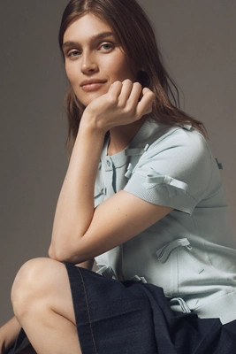 Maeve Short-Sleeve Bow Appliqué Cardigan Sweater | Anthropologie (US)