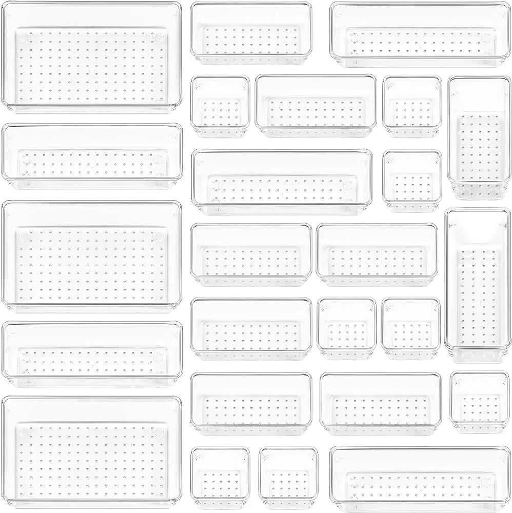 25 PCS Clear Plastic Drawer Organizers Set, Vtopmart 4-Size Versatile