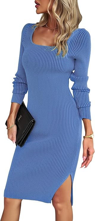 VintageClothing Women's 2023 Fall Long Sleeve Sweater Dress Square Neck Side Slit Bodycon Ribbed ... | Amazon (US)
