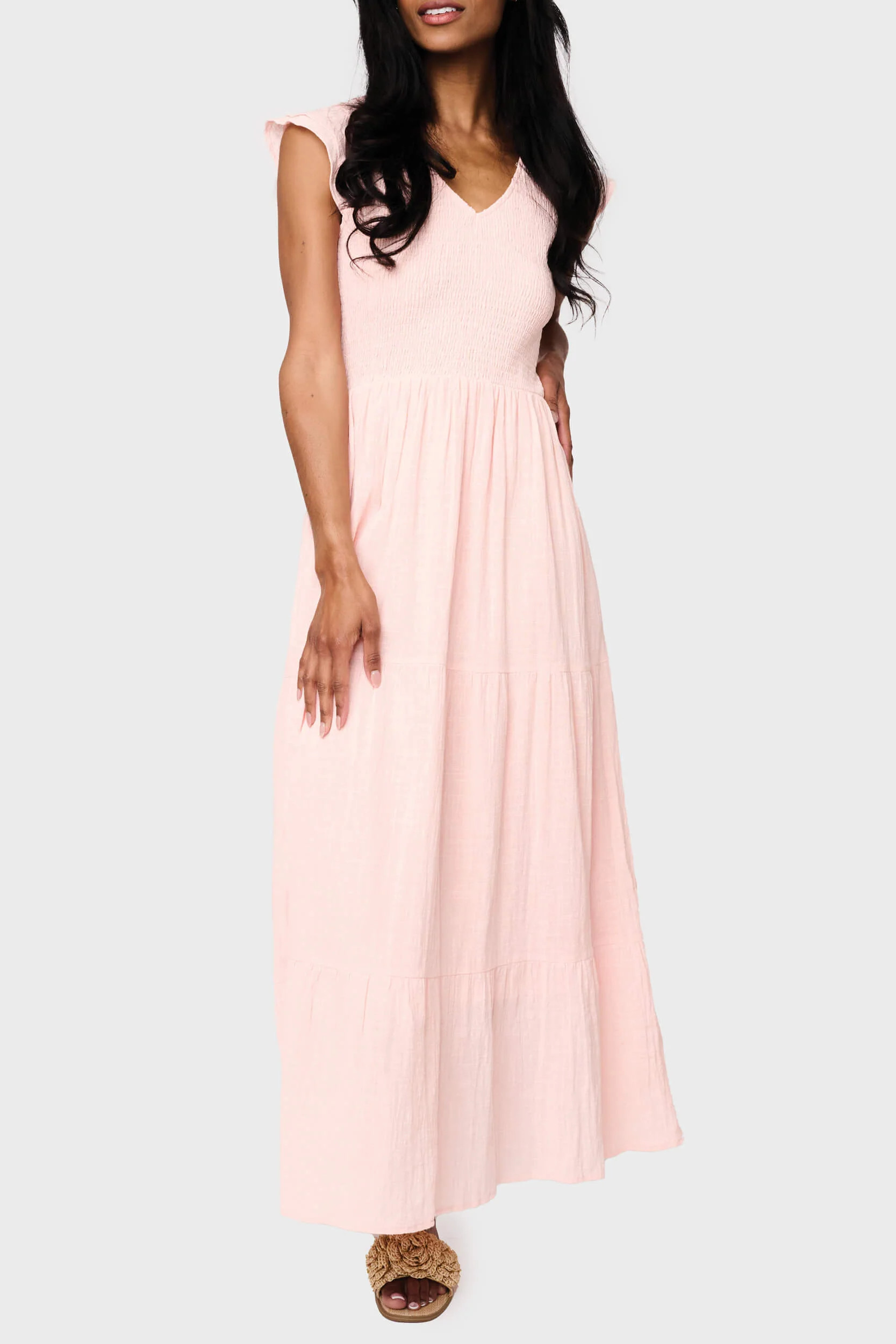 Flutter Sleeve Smocked V-Neck Tiered Maxi Dress | Gibson