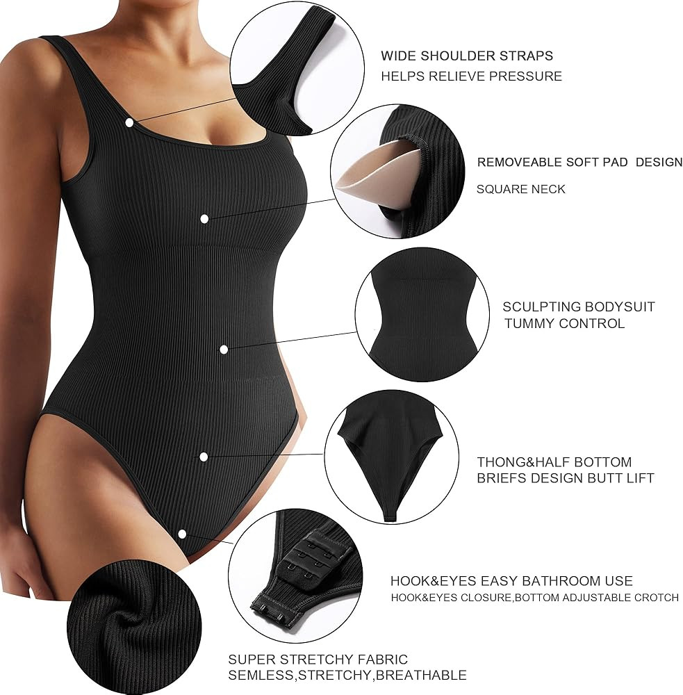 DOULAFASS Ribbed Shapewear for Women Square Neck Thong Backless Ladies Body Suit Tummy Control Ta... | Amazon (UK)