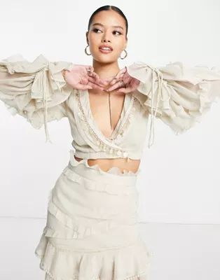 ASOS DESIGN wrap top with blouson sleeve and tie detail in stone - part of a set | ASOS (Global)