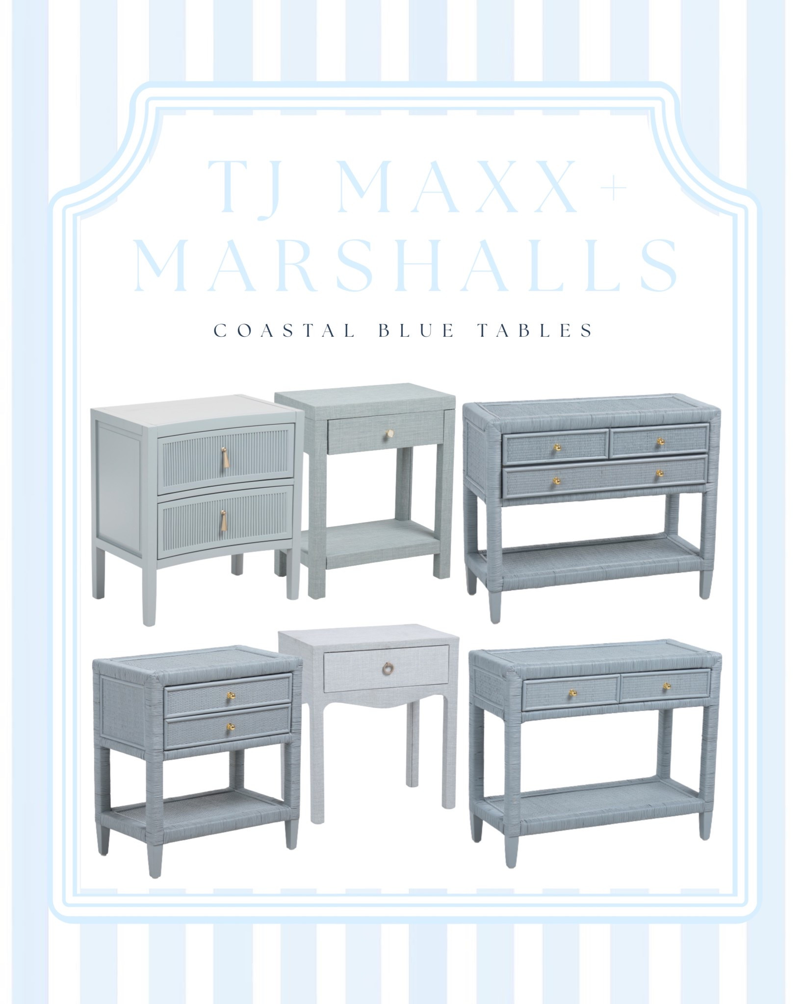Coastal blue tables that look designer without the designer price 🤍 These chic nightstands, side tables, and consoles from TJ Maxx + Marshalls are perfect for a modern coastal bedroom, living room, or entryway. Featuring designer inspired details including brass hardware, rattan + linen wrapped texture, & timeless shapes 

Designers/Brands Featured: Lillian August, Tahari 

Use code SHIP89 for free shipping! Free returns in store

#LTKSaleAlert #LTKHome