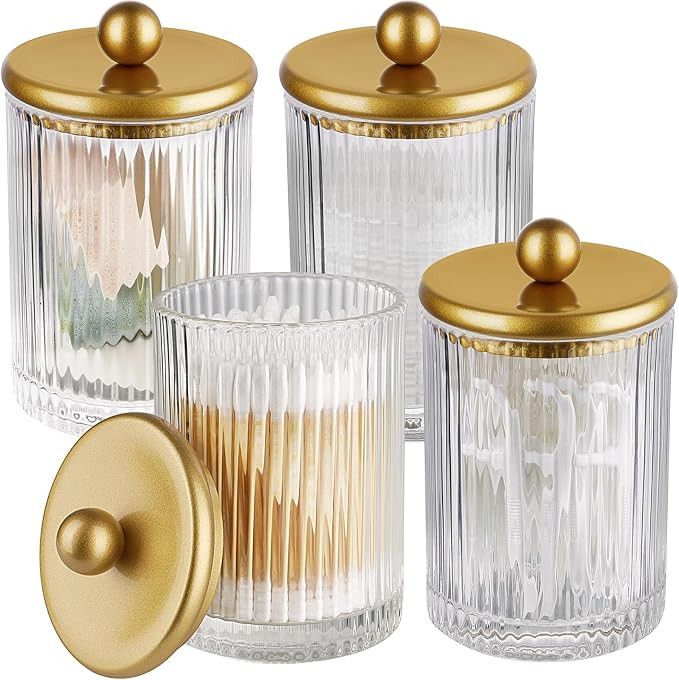 4 Pack Gold Ribbed Glass Qtip Holder with Metal Lids | Amazon (US)