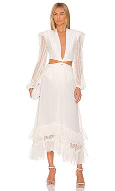 PatBO Plunge Lace Sleeve Maxi Dress in White from Revolve.com | Revolve Clothing (Global)