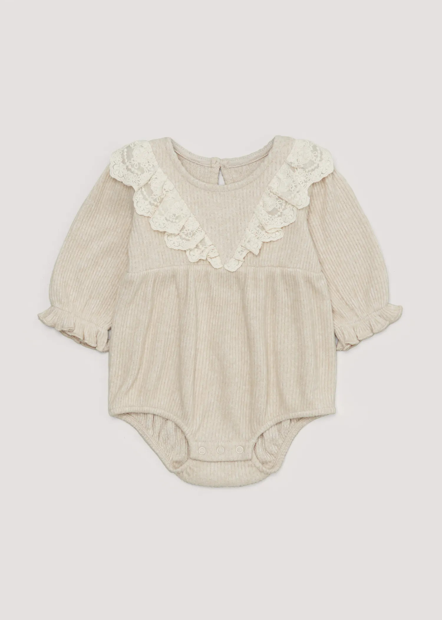 Girls Oatmeal Frill Romper (Newborn-23mths) – Beige | Matalan (UK)