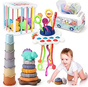 5 in 1 Baby Montessori Toys Set Include Shape Sorter Bin with Sound, Baby Tissue Box, Stacking Cu... | Amazon (US)