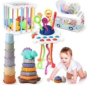 5 in 1 Baby Montessori Toys Set Include Shape Sorter Bin with Sound, Baby Tissue Box, Stacking Cu... | Amazon (US)